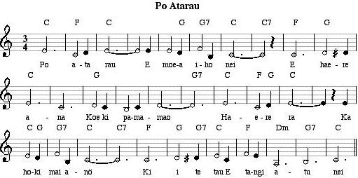 Musical  notation and chords for Po atarau. Size = 7K
