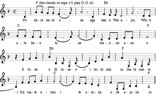 Musical  notation and chords for Pokarekare Ana. Size = 7K