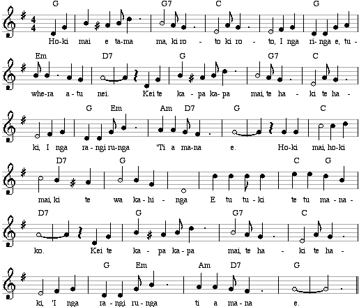 Musical  notation and chords for Hoki Mai. Size = 12K