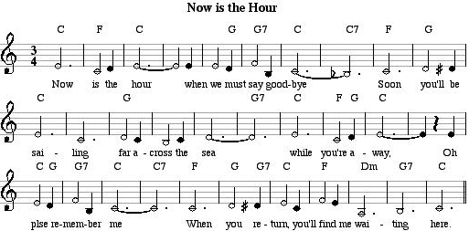 Musical  notation and chords for Now is the Hour. Size = 9K
