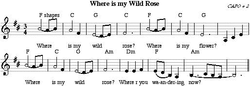 Musical  notation and chords for Where is my Wild Rose. Size = 11K